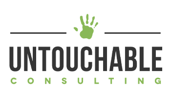A green and black Untouchable Consulting Logo is shown with a green handprint.